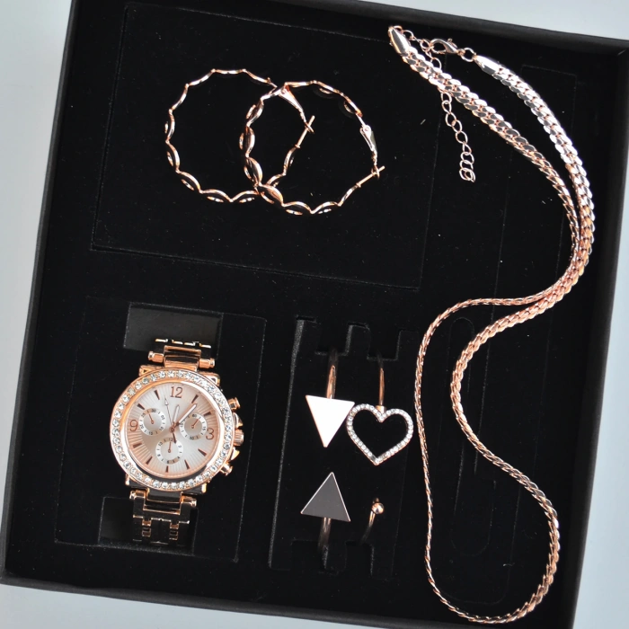 Rose Metal Kordon Küpe Kolye Bileklik Seti 3665