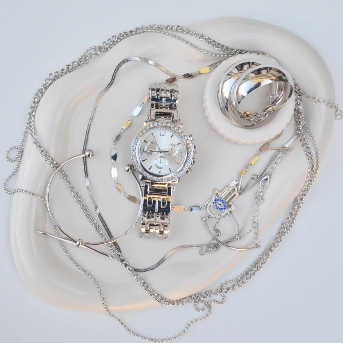 Silver Metal Kordon Küpe Kolye Bileklik Seti 3666