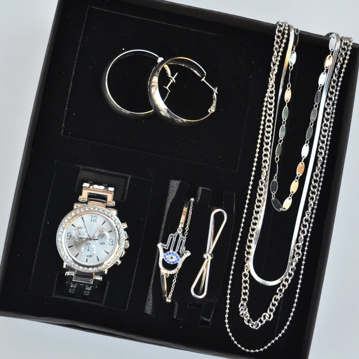 Silver Metal Kordon Küpe Kolye Bileklik Seti 3666