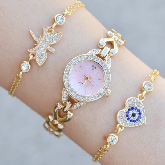 Gold Metal Kordon Kadın Saat Kombini 3761