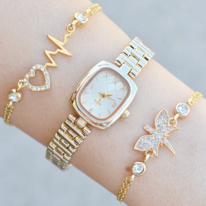 Gold Metal Kordon Kadın Saat Kombini 3765