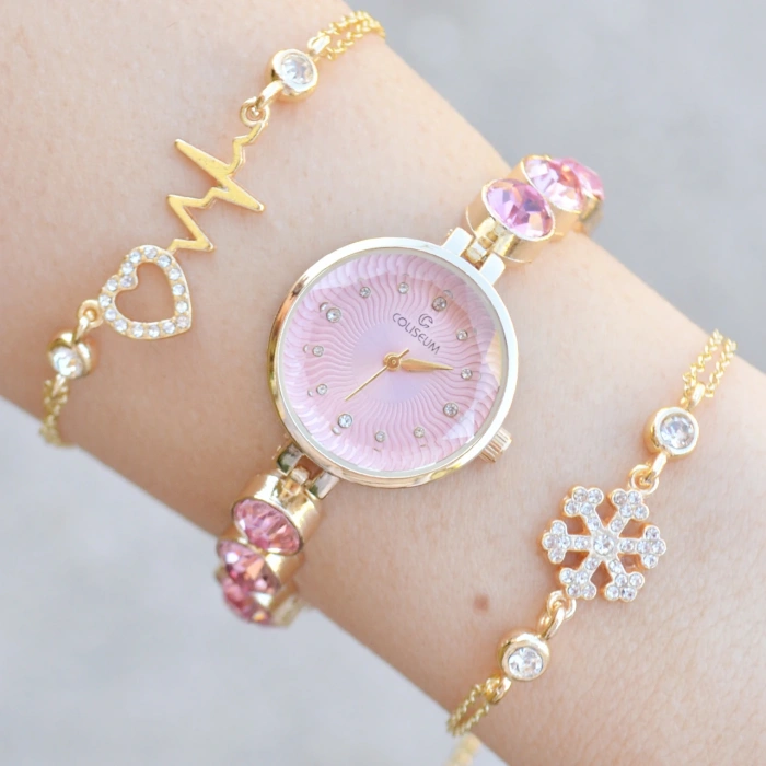 Gold Metal Kordon Kadın Saat Kombini 3767