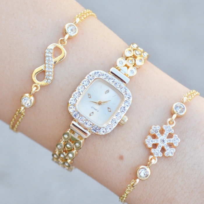 Gold Metal Kordon Kadın Saat Kombini 3769