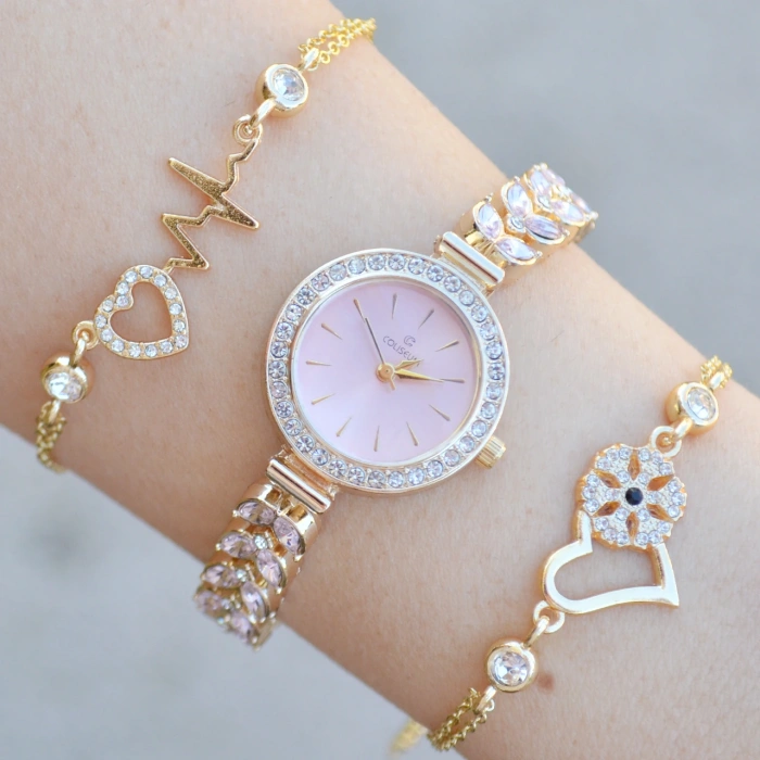 Gold Metal Kordon Kadın Saat Kombini 3770