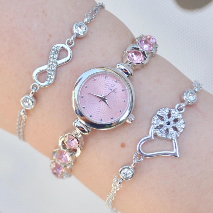 Silver Pembe Taşlı Metal Kordon Kadın Saat Kombini 3782