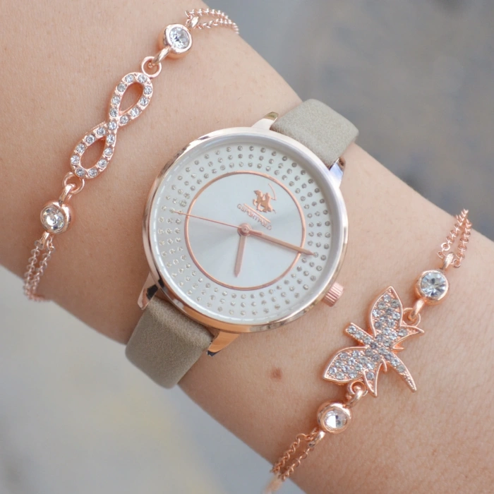 Bej Deri Kordon Kadın Saat Kombini 2207