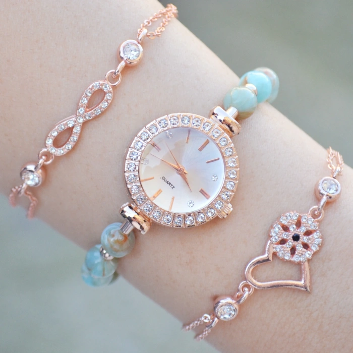 Boncuklu Metal Kordon Kadın Saat Kombini 3216