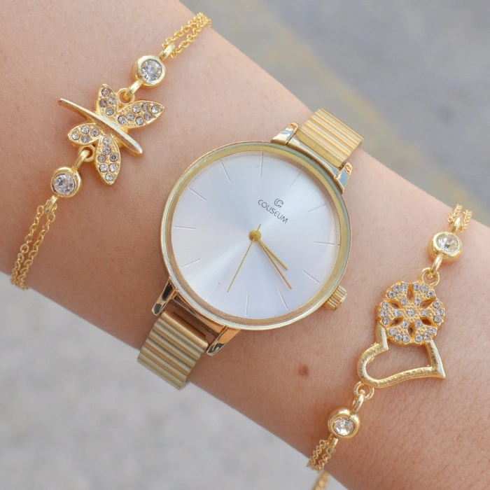 Gold Metal Kordon Kadın Saat Kombini 1272