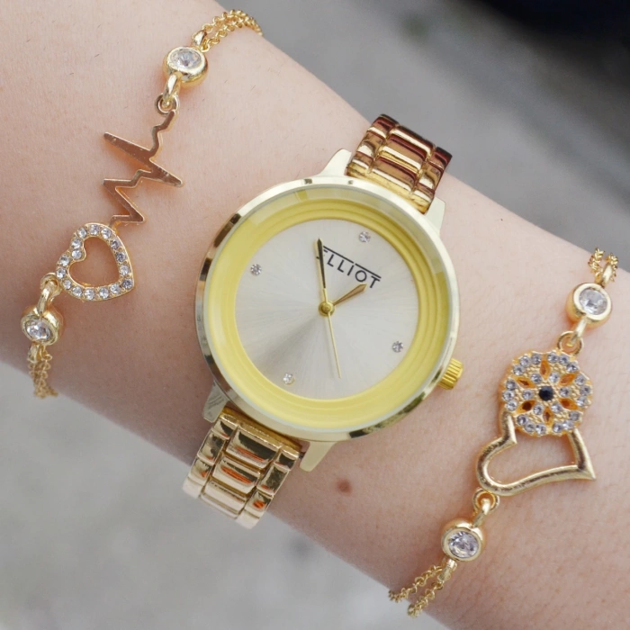 Gold Metal Kordon Kadın Saat Kombini 2188