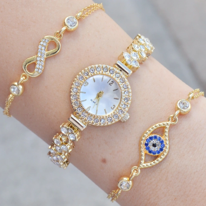Gold Metal Kordon Kadın Saat Kombini 3430