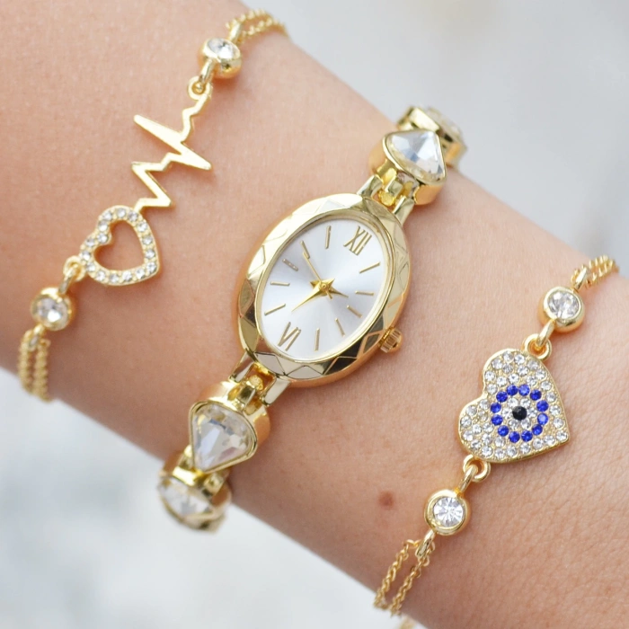 Gold Metal Kordon Kadın Saat Kombini 3455