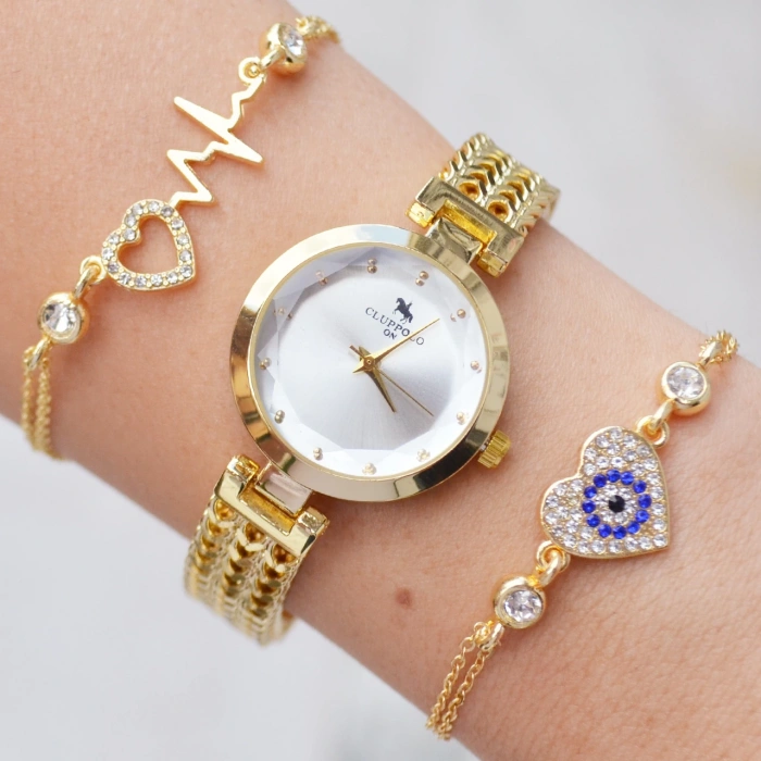 Gold Metal Kordon Kadın Saat Kombini 3458