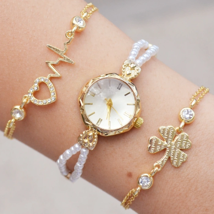 Gold Metal Kordon Kadın Saat Kombini 3459