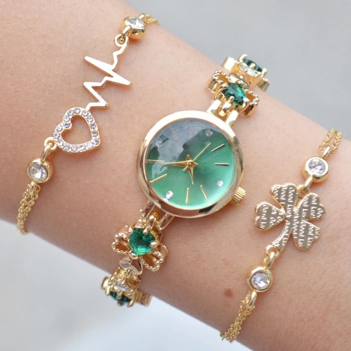 Gold Metal Kordon Kadın Saat Kombini 3460