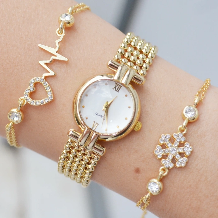 Gold Metal Kordon Kadın Saat Kombini 3463