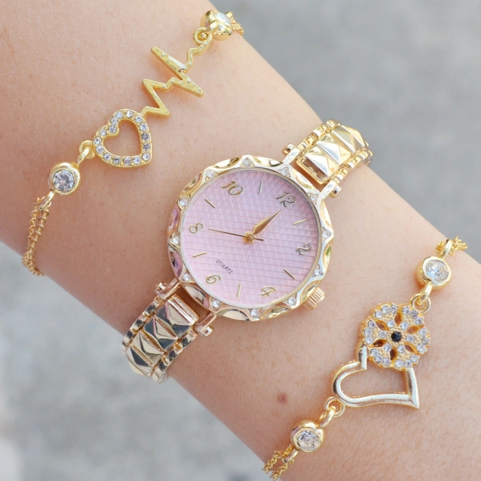 Gold Metal Kordon Kadın Saat Kombini 3580