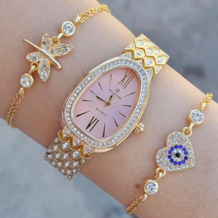 Gold Metal Kordon Kadın Saat Kombini 3584