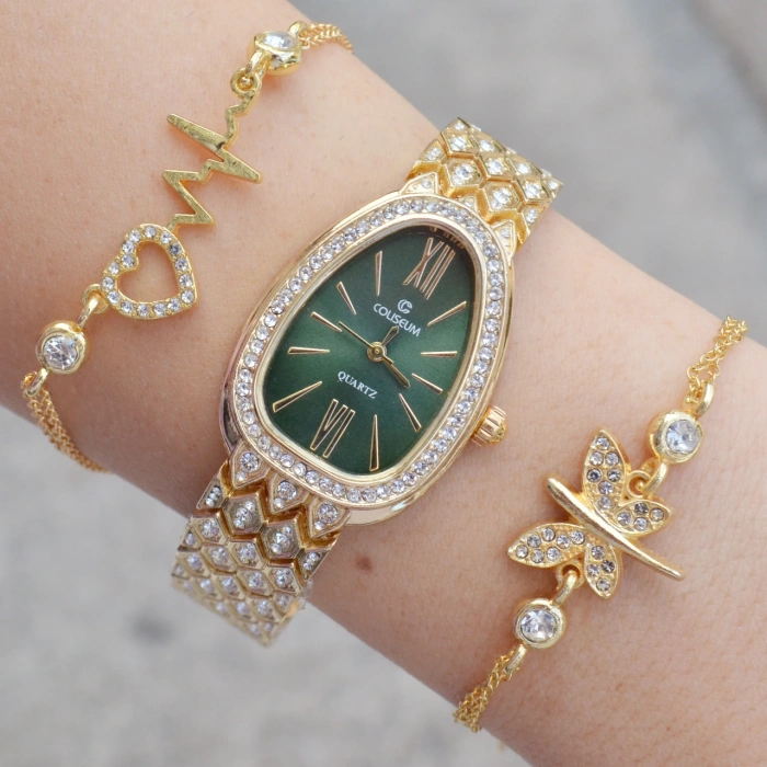 Gold Metal Kordon Kadın Saat Kombini 3585