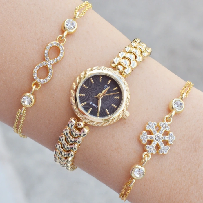 Gold Metal Kordon Kadın Saat Kombini 3587