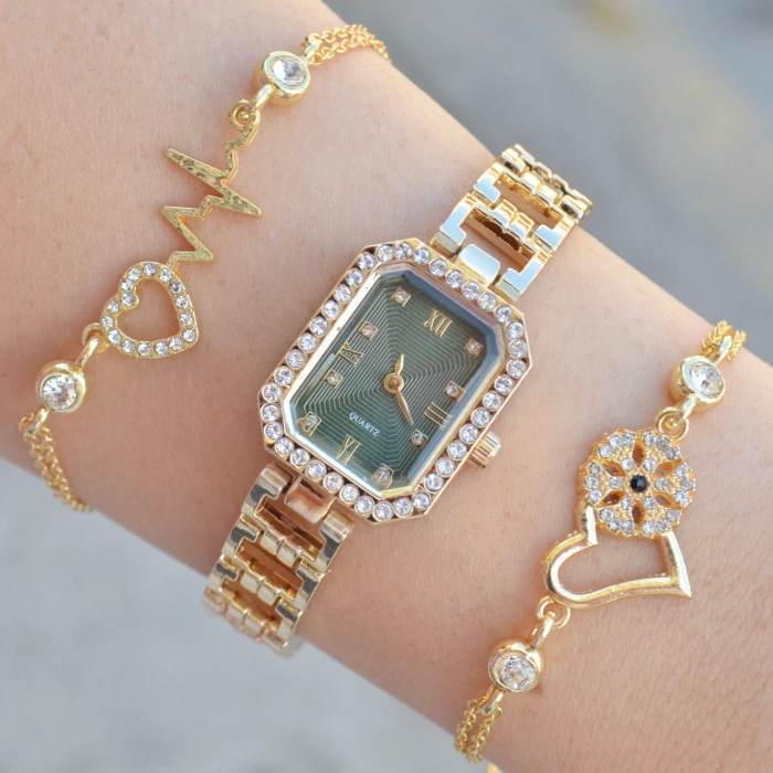 Gold Metal Kordon Kadın Saat Kombini 3596
