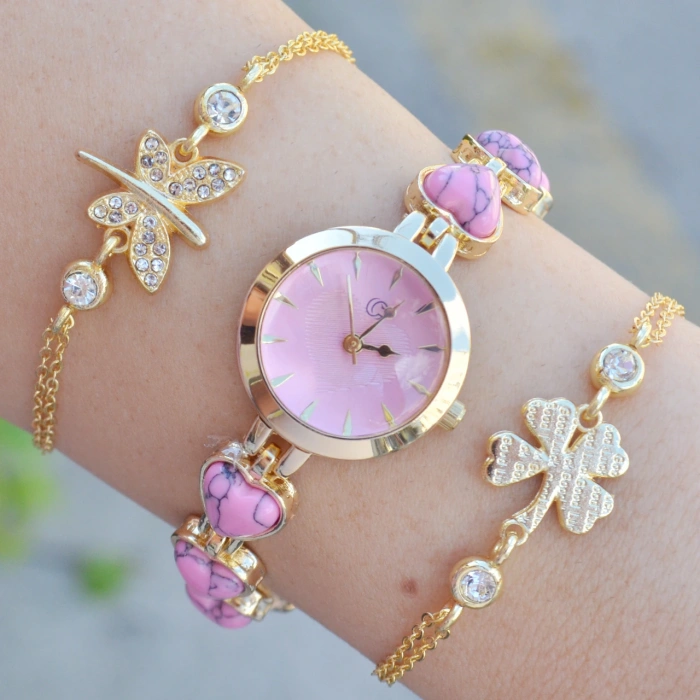 Gold Metal Kordon Kadın Saat Kombini 3620