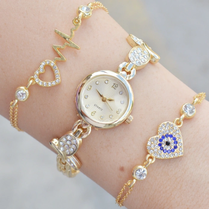 Gold Metal Kordon Kadın Saat Kombini 3622