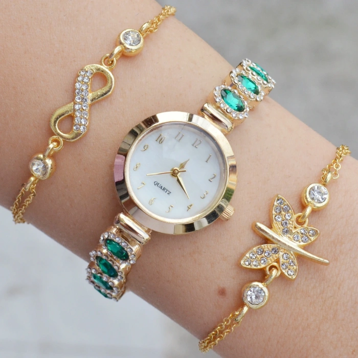 Gold Taşlı Metal Kordon Kadın Saat Kombini 3623