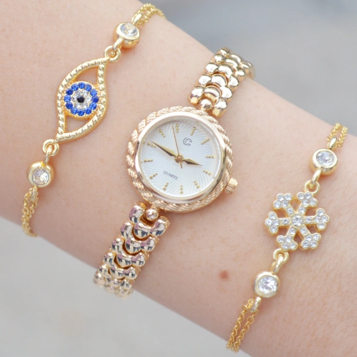 Gold Metal Kordon Kadın Saat Kombini 3626