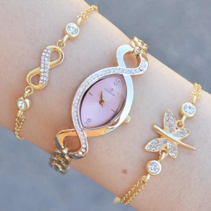 Gold Metal Kordon Kadın Saat Kombini 3633