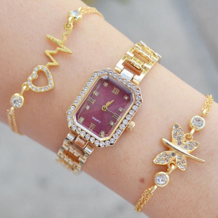 Gold Metal Kordon Kadın Saat Kombini 3637