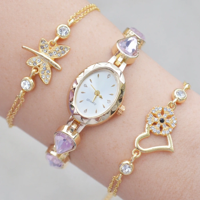 Gold Metal Kordon Kadın Saat Kombini 3640