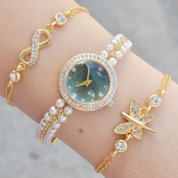 Gold Metal Kordon Kadın Saat Kombini  3642