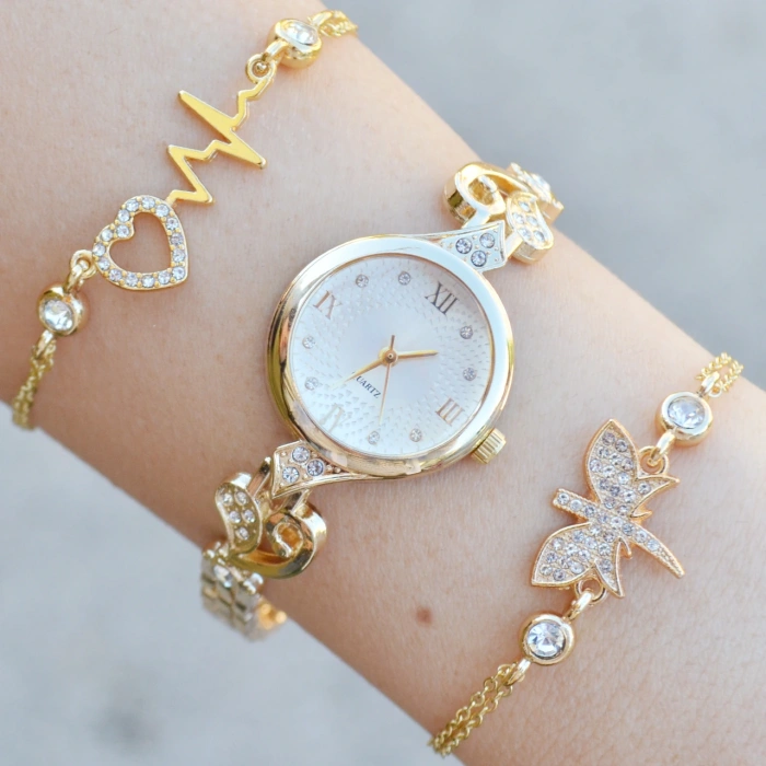 Gold Metal Kordon Kadın Saat Kombini 3750