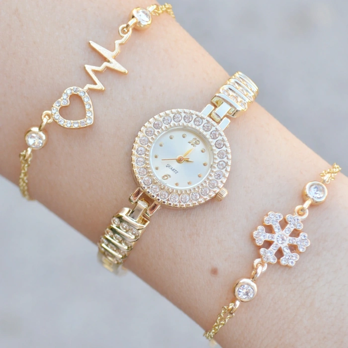 Gold Metal Kordon Kadın Saat Kombini 3752