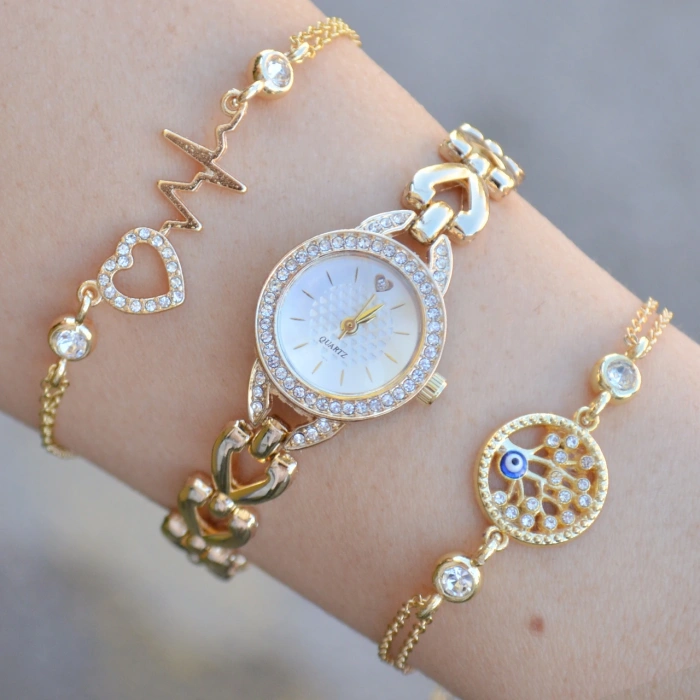 Gold Metal Kordon Kadın Saat Kombini 3753