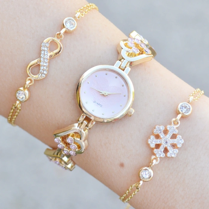 Gold Metal Kordon Kadın Saat Kombini 3759