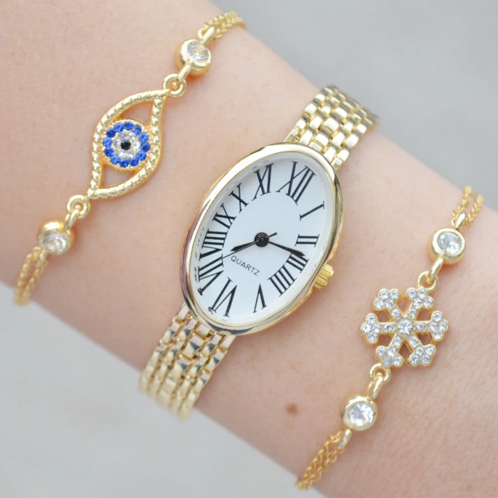 Gold Metal Kordon Kadın Saat Kombini 3624