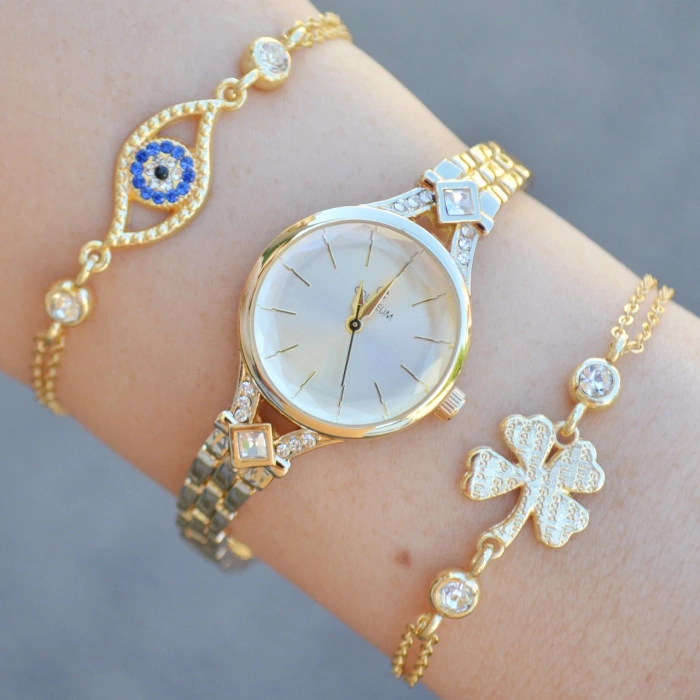 Gold Metal Kordon Kadın Saat Kombini saat3629
