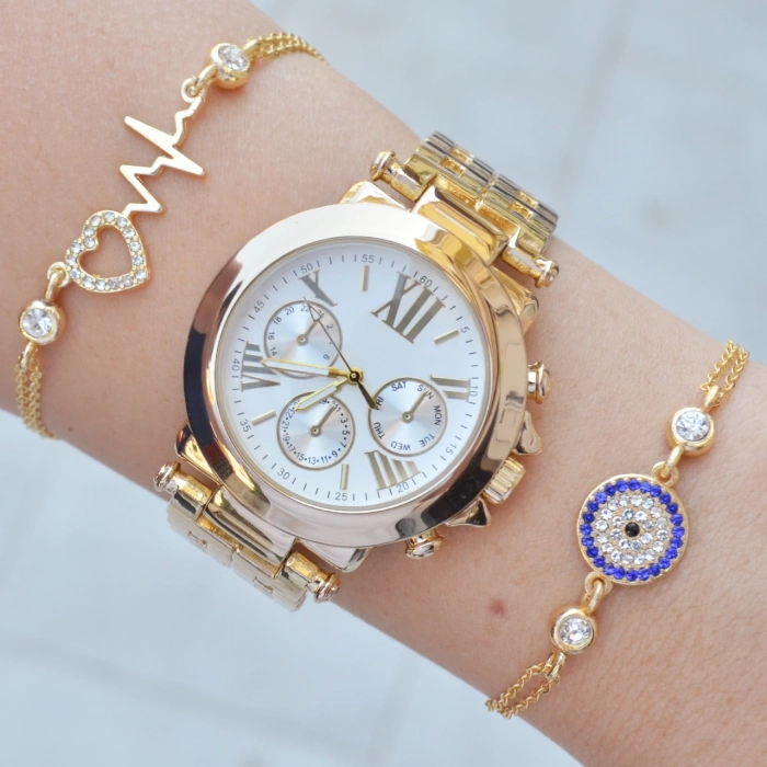 Gold Metal Kordon Kadın Saat Kombini 9815