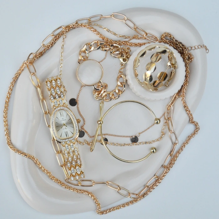 Gold Metal Kordon Küpe Kolye Bileklik Seti 3670