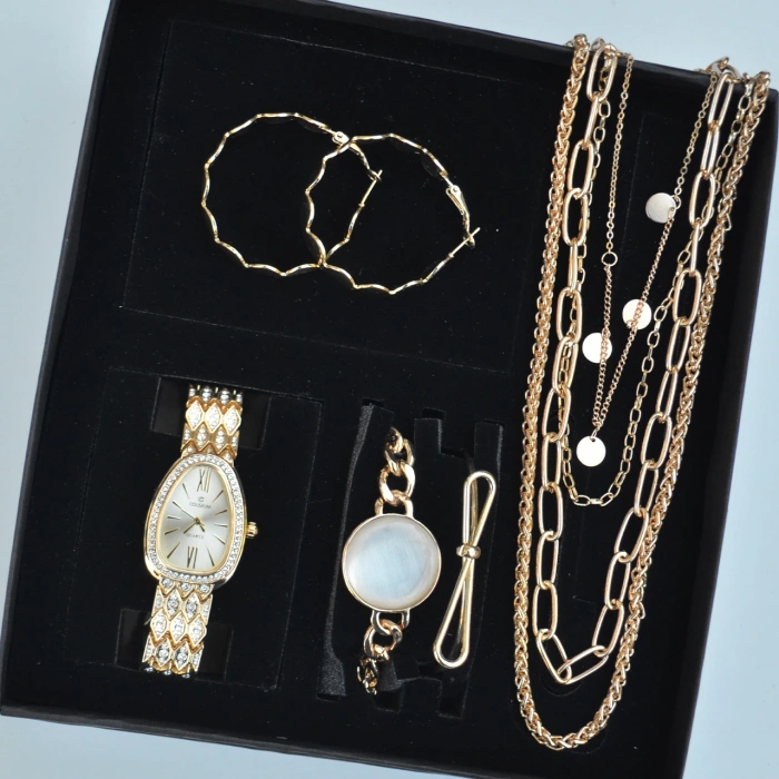 Gold Metal Kordon Küpe Kolye Bileklik Seti 3670