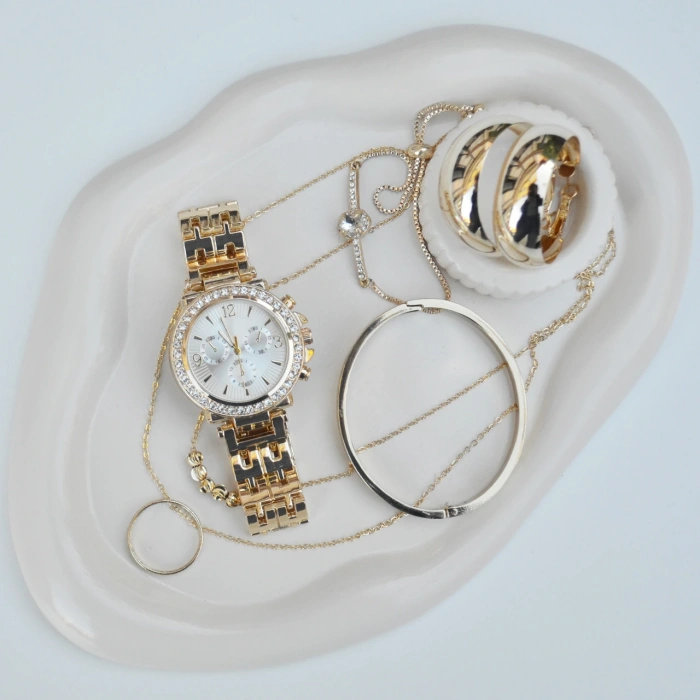 Gold Metal Kordon Küpe Kolye Bileklik Seti 3671