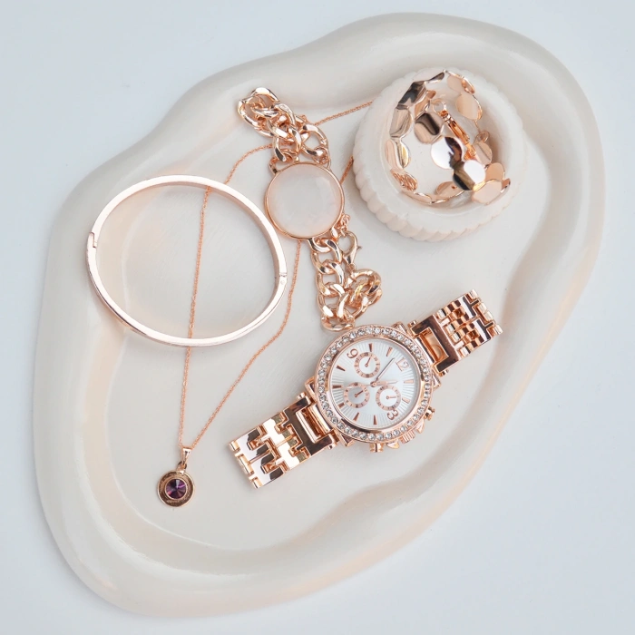 Rose Kolye Küpe Bileklik Saat Seti 3676