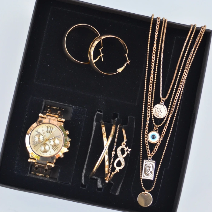 Gold Kolye Küpe Bileklik Saat Seti 3677