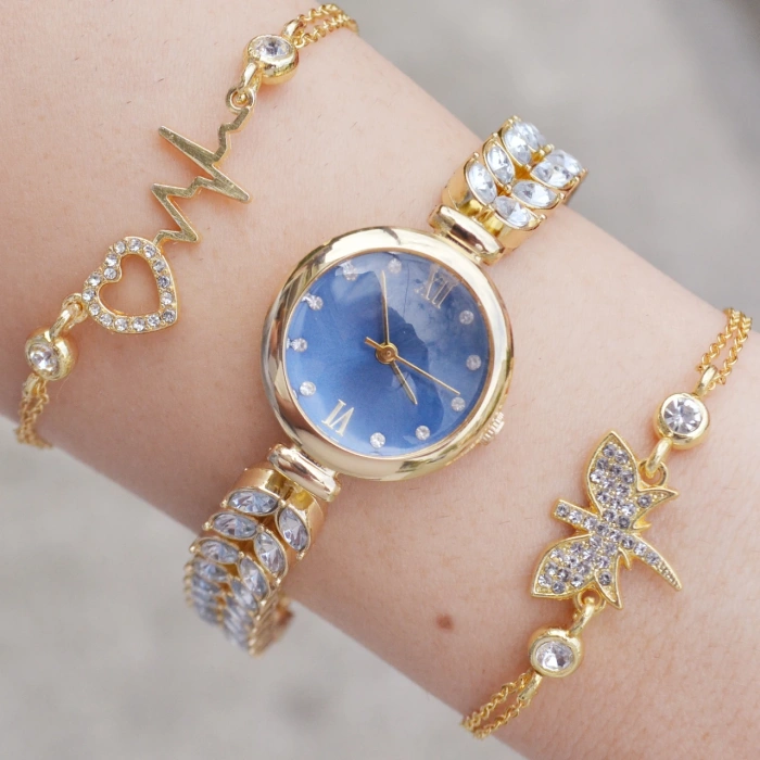 Gold Taşlı Metal Kordon Kadın Saat Kombini 3437