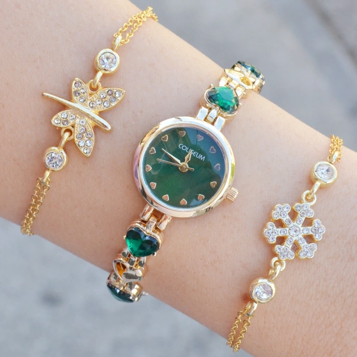 Gold Taşlı Metal Kordon Kadın Saat Kombini 3579