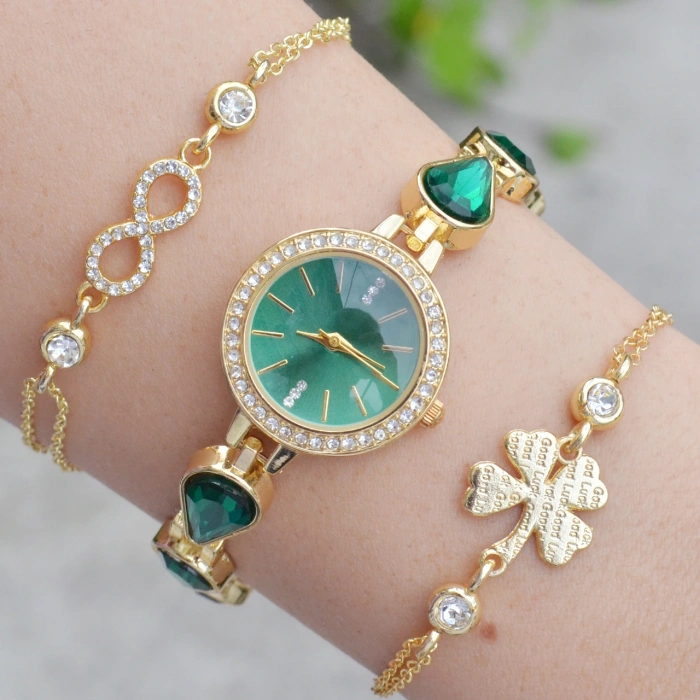 Gold Taşlı Metal Kordon Kadın Saat Kombini 3594