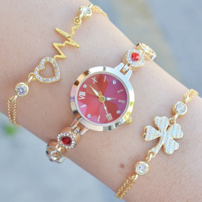 Gold Taşlı Metal Kordon Kadın Saat Kombini 3603