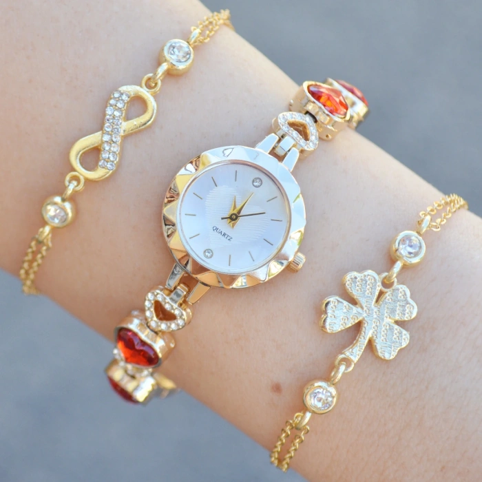 Gold Taşlı Metal Kordon Kadın Saat Kombini 3610