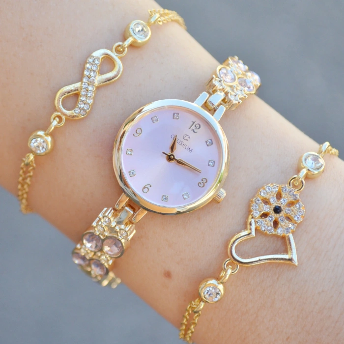 Gold Taşlı Metal Kordon Kadın Saat Kombini 3611